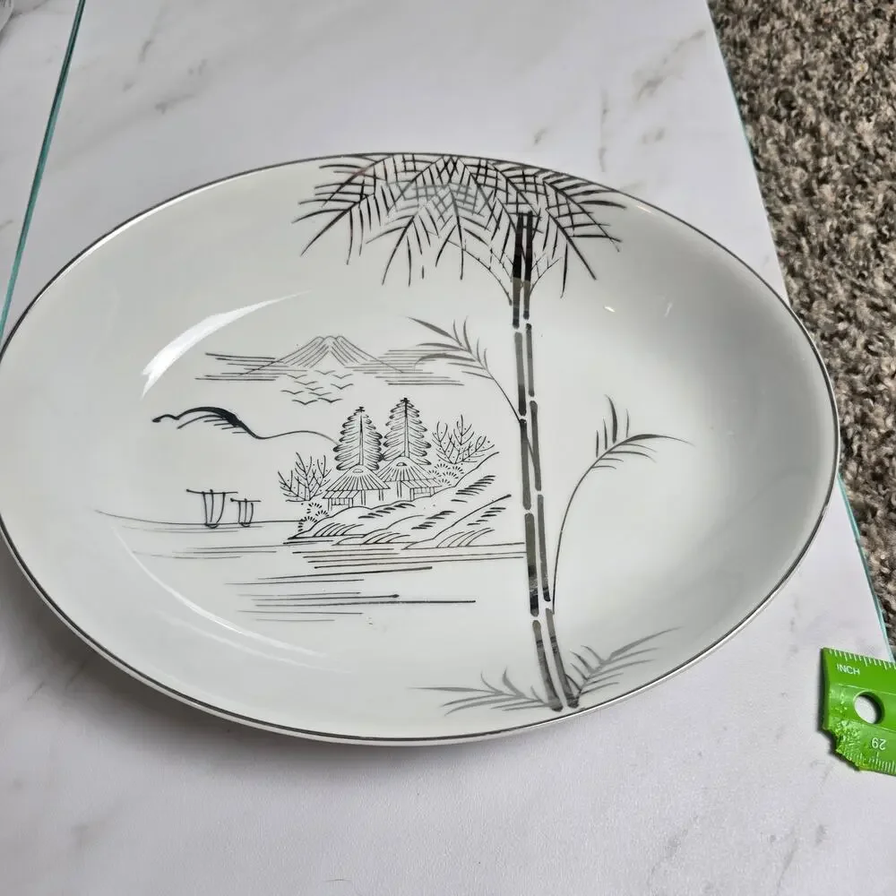 Vintage Meiyo China Nippon 1940s Silver Lithopane serving platter 10 inch